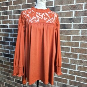 Cato Plus Size Orange Lace Yoke Blouse Flowy Long Sleeve 22/24W